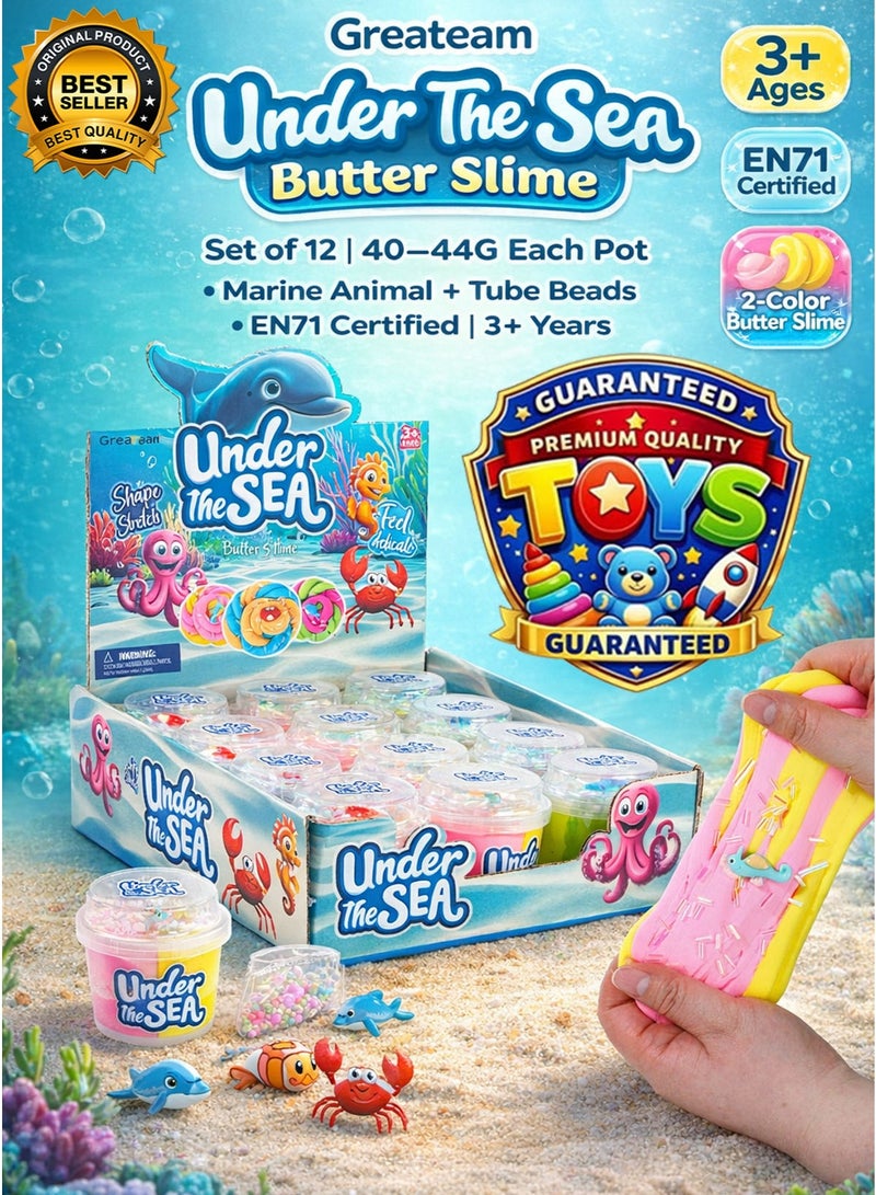 Greateam Under The Sea Butter Slime Set of 12 (40-44G Each Pot) 2-Color Soft Stretchy Slime with Marine Animal Figure & Tube Beads Sensory Toy for Kids 3+ Years EN71 Certified Safe Non-Toxic Slime Ocean Theme Party Favors, Return Gifts, Boys & Girls Creative Play Toy Children Educational Learning Toy Best Gift for Ramadan - Image 1